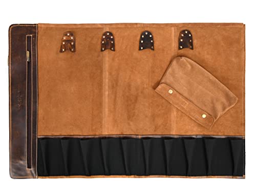 Aaron Leather Goods Vendimia Estilo Leather Knife Roll Storage Bag, Elastic and Expandable 10 Pockets, Adjustable/Detachable Shoulder Strap, Travel-Friendly Chef Knife Case Roll (Caramel, Leather) - color: Caramel