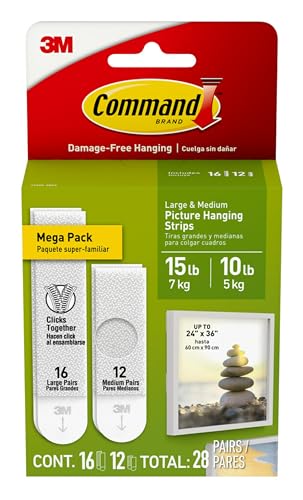 Command 15 lb & 10 lb Large and Medium 28 Pairs Picture Hanging Strips (56 Strips), Damage-Free Hangers for Picture Frames, No Tools Required, Great for Home Room Wall Decor, White Adhesive - size: 28 Pairs