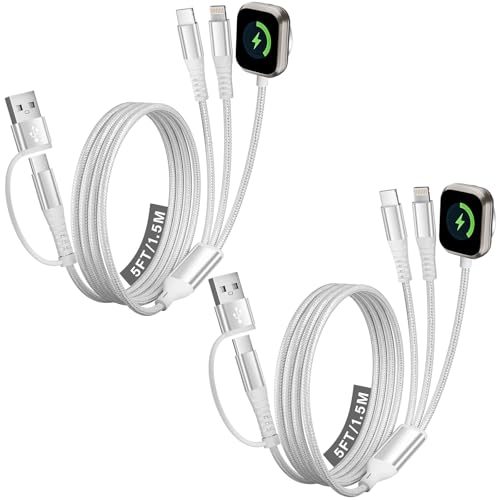 3 in 2 Multi Charging Cable/Cord with IP/USB C Charger Cable/iWatch Charger - color: Pearl White, size: 2Pack5FT