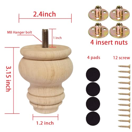 2 3 4 Inch Wooden Furniture Legs, Solid Wood Unpainted Replacement Furniture Legs, Ottoman/Loveseat Replacement Legs, Cabinet Legs/Desk/Sofa/Bookcase Round Bun Feet Set of 4 (3 Inch) - size: 3 Inch A