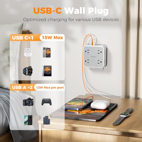 TESSAN Wall Surge Protector Outlet Extender with 8 Outlets Wall Charger - color: Grey, size: 2 USB-A+1 USB-C