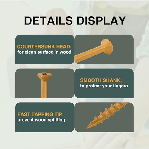 T.K.Excellent Deck Screws 2-1/2 Inch Wood Screws #9 x 2-1/2, 395 Pcs, Rust Resistant Tan Exterior Structural Screws, Torx Drive Screws, Two T25 Bits, Brilliant Yellow Ruspert Coating Rust Proof - size: #9×2-1/2