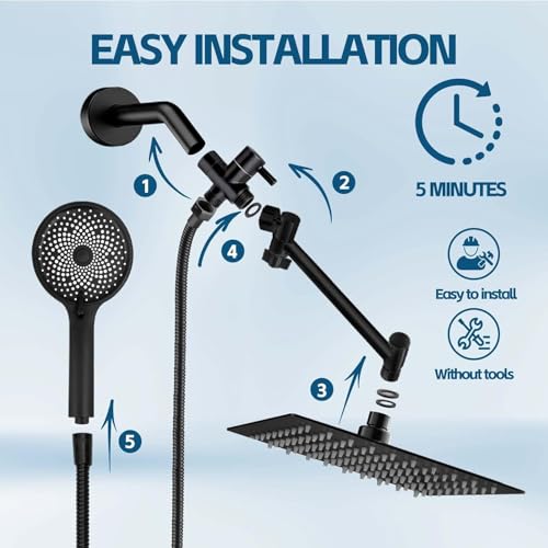Shower Head,10 Inch High Pressure Rain Shower Head with Handheld Spray Combo, Adjustable Dual Rainfall Shower Head - Showerhead Comb Set with Extension Arm - 60 Inch Long Shower Hose(Black) - color: Black, size: 10 Inch