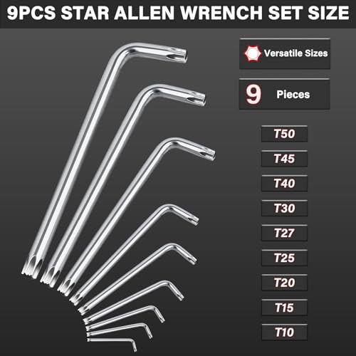 HAUTMEC Torx Allen Wrench Set, 9PCS Star Allen Key Set, T10-T50 Star Allan Wrench Sets, CR-V Steel, Drilled Tips for Tamper Resistant Fasteners, HT0222-SS - style: 9 PCS Star Key