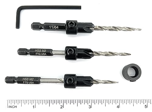 FTG USA #8(11/64") Wood Countersink Drill Bit 3-Pc Set with 3/8" Depth Stop - size: #8, style: 3 Pc with Depth Stop