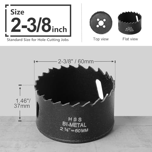 2-3/8 Inch Hole Saw with 3/8" Triangle Shank Quick Change Arbor, JTemgle Bi-Metal Hole Saw Heavy Duty Hole Cutting Tool for Cornhole Boards, Recessed Lights, Wood, Plastic, Drywall & Soft Metal - size: 2-3/8"
