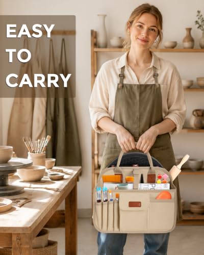 Pottery Tool Organizer Bag, Art Supply Studio Bag, Clay Tool Storage Caddy - color: Khaki