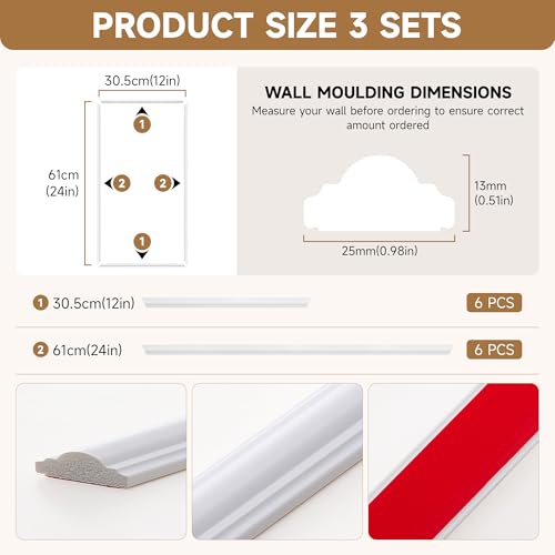 INMOZATA Pre-Cut Peel and Stick Wall Molding Wainscoting Panels, 24" x 12" - size: 24" x 12"