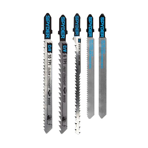 Spyder 5-Piece Single and Double-Sided Jig Saw Blade Set, for Wood and Metal, CRV/HSS Bi-Metal Steel, T-Shank Compatible with All Major Brands (300062) - size: 3-1/2 inch & 4-inch, TPI (10, 6, 8, 21, 12), style: 5-Piece Set