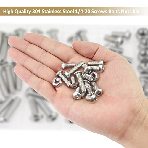 66 Pieces 1/4-20 x 3/8", 1/2", 5/8", 3/4", 1", Button Head Socket Cap Screws Nuts Assortment Kit, 304 Stainless Steel, Fully Machine Thread - size: 1/4"-20, style: Button Head