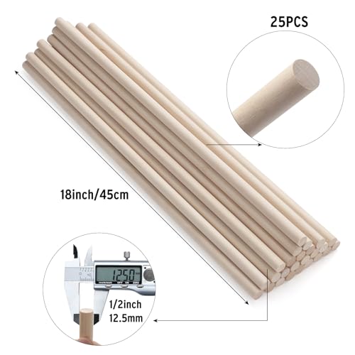 Wood Dowels Wooden Dowel Rods for Crafts, 25PCS 1/2 x 18 Round Macrame Wooden Sticks for Crafting, Unfinished Hardwood Sticks for Arts and DIYers, Tiered Cake Support and Wedding Ribbon Wands - size: 1/2"×18"-25PCS