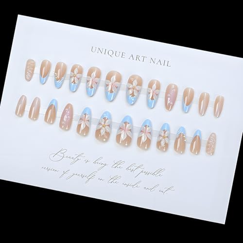 LPOODDNU Almond Flower Pearl Press on Nails - Medium 3D Fake Nails with French Tip Designs, Glossy Finished Reusable False Nails with Double Adhesive Glue Tabs - 24Pcs Nail Kit for Women Manicure - color: blue french tip flower