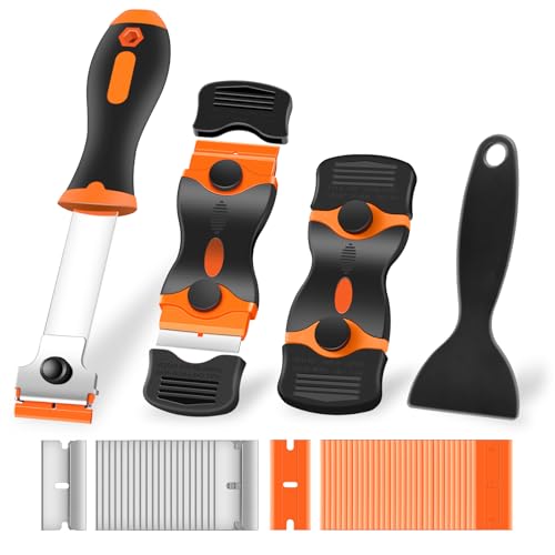 NECAMOCU 4 Pack Razor Blade Scraper, Includes 50 PCS Metal & Plastic Blades - color: Orange
