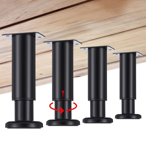 4PCS Metal Adjustable Furniture Legs, 4.7-7.4 Inch Cabinet Legs Extension, Heavy Duty Black Support Replacement Leg for Bed Couch Dresser Chair Coffee Cabinet Table, Thicked Furniture Feet Set