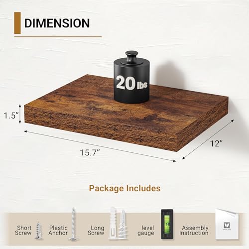 Vivelove Deep Floating Shelves, 16 x 12 Inch, Rustic, Set of 2 - color: Rustic Brown, size: 15.7”wx12”dx1.5”h