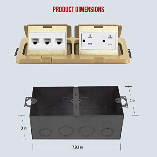 ENERLITES Dual Pop-Up Floor Box Kit, 8.68"x4.81", 20A, Brass - color: Brass-Data Port 8.68 X 4.81 in