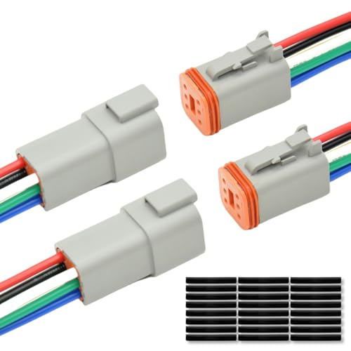 2 Set 6 Pin DT Deustch Waterproof Automotive Electrical Butt Connector with 16AWG -40℃-105℃ 600V Wires and Heat Shrink Tubes Connectors Kit for Car Truck Boat (E 6Pin Wiring 2Pair)