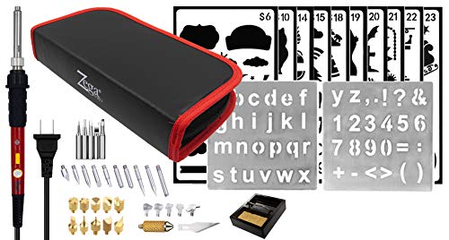 Zega Woodburning & Soldering Kit – Pyrography pen with Wood Burning, Wood Embossing, Wood Carving, Wood Cutting & Electronics Soldering Tips, Razor Knife, Stand, Carrying Case and Stencils