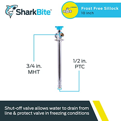 SharkBite 10 Inch Frost Free Sillcock, 1/2 x 3/4 Inch MHT, Push to Connect Brass Plumbing Fitting, PEX Pipe, Copper, CPVC, PE-RT, HDPE, 24629LF - size: 10 in.