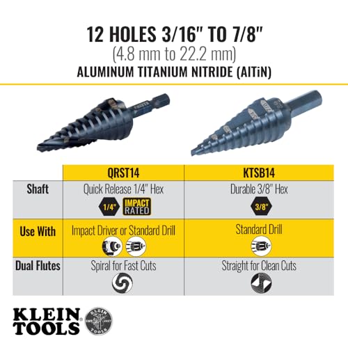 Klein Tools QRST14 Step Drill Bit, Quick Release, Spiral Double-Fluted, 3/16 to 7/8-Inch, Hex Shank, Cut Steel, Wood, Plastic, Aluminum - size: 3/16 to 7/8-Inch, style: Quick Release
