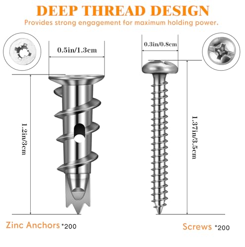 1000 Pieces Zinc Self-Drilling Metal Drywall Anchors with Screws Kit, Bulk Heavy Duty Wall Anchors and #8 x 1-1/4'' Screw (500 Anchors+500 Screws) Includes