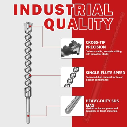 1-1/4" x 15" SDS Max Cross-Tip Rotary Hammer Drill Bit – Upgraded Heat-Treated Carbide Head, Extended Length 400mm for Longer Working Depth, Concrete Drill Bit for Masonry, Brick & Stone - size: 1-1/4" x 15"