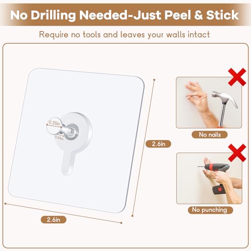 22 Pcs Drill Free Adhesive Wall Hooks, 40 lb Capacity Picture Hanging Hooks, Heavy Duty Picture Hangers Without Nails Strong Hold for Bathroom, Kitchen & Entryway - size: 2.6 inch