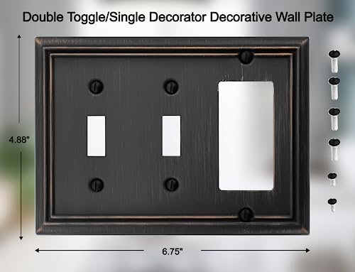 OKAWYC Double Toggle/Single Decorator Light Switch Cover Adler Metal Wall Plate, 2-Pack Aged Bronze 3 Gang, Light Switch Cover, Receptacle Dimmer Switch GFCI Outlet Decorative Wallplate, Durable - style: 2 Toggle/1 Decorator 2PK