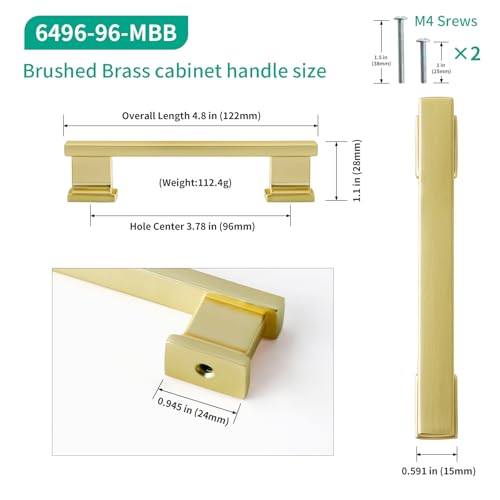 Brushed Brass Kitchen Square Cabinet Handles 3.75 Inch 10 Pack - color: Brushed Brass, size: 3.75"/96MM Hole Center