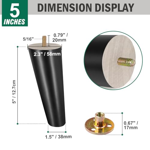 FoDau770 Rubber Wood Legs 5", Slant Taper, 5/16"-18 Thread, Black, 4pcs | Wood Couch legs - Mid Century Sofa Legs - Furniture legs Replacement for Cabinet Dresser Chair Ottoman - color: Black, size: 5 Inch - Slanted (80°)