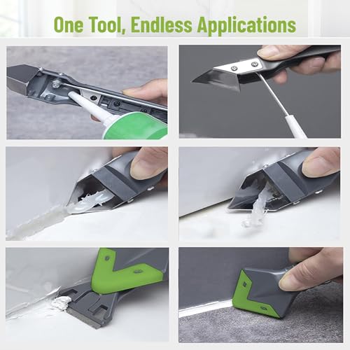 5-in-1 Caulking Tool Kit, Stainless Steel Caulk Remover & Silicone Sealant Finishing Tool with 5 Replaceable Radius Pads, Grout Removal & Scraper Tool for Bathroom, Kitchen, Tile, Window, Sink - color: Green