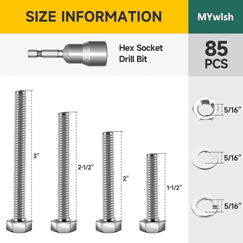 Mywish 5/16 Bolts, 85Pcs 5/16-18 Bolts and Nuts Kit with 1-1/2", 2", 2-1/2", 3" Hex Bolts Kit, 304 Stainless Steel 5/16 Screws Nut and Bolt Assortment Kit with 4 Common Sizes and Cross-Drilled Tail - size: 85 Pcs 5/16 Kit - Silver