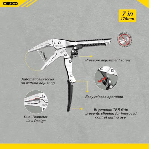 CHESCO 7" Long Nose 4th Gen Self-Adjusting Locking Pliers, One-Hand Auto-Lock Design, Heavy-Duty Cr-V Steel Professional Hand Tool for Automotive, Plumbing & DIY - size: 7 Inch