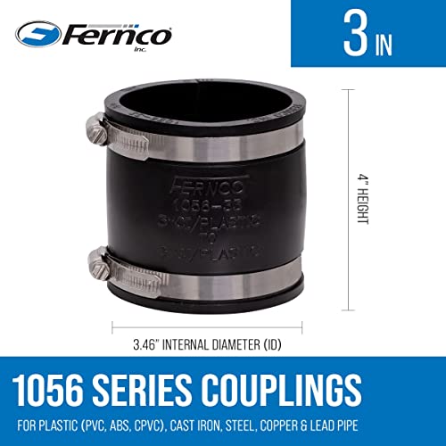 Fernco 1056-33 3 in Flexible Coupling, Unshielded DWV Pipe Connector for PVC, ABS, Cast Iron & Steel, Slip-On Repair Coupler w/Stainless Bands, 2-Pack