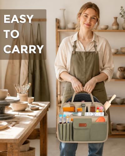 Pottery Tool Organizer Bag, Art Supply Studio Bag, Clay Tool Storage Caddy - color: Khaki+Green