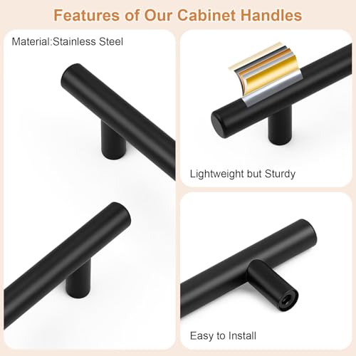 Probrico 30 Pack Hole Centers 3inch Stainless Steel Kitchen Cabinet Handles,Flat Black Dresser Drawer Pulls, 5inch Length Euro T Bar Pull Handle for Home Furnitures - size: Center to Center: 3 inch