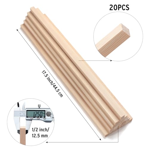 Wooden Dowels Wooden Sticks for Crafts 1/2" x 17.5", 20 PCS Square Wood Dowel Rods, Unfinished Hardwood Sticks Small Wood Strips for Crafting, Miniature Buildings, Woodworking - size: 1/2"×17.5"-20PCS