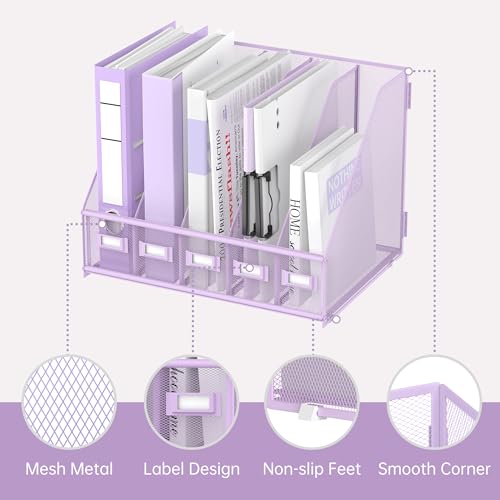 SUPEASY Desk Organizers Metal Desk Magazine File Holder with 5 Vertical Compartments Rack File Organizer for Office Desktop, Classroom, Home Workspace, Purple Plus - color: Purple, size: Large