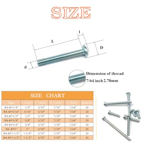 160 Pcs 8 Sizes #4-40 Machine Screws Knob Screw Cabinet Screws Electricians Screw, Carbon Steel Zinc-Plated Phillips Pan Head Machine Screws Assortment Kit - size: #4-40-8Size-160P