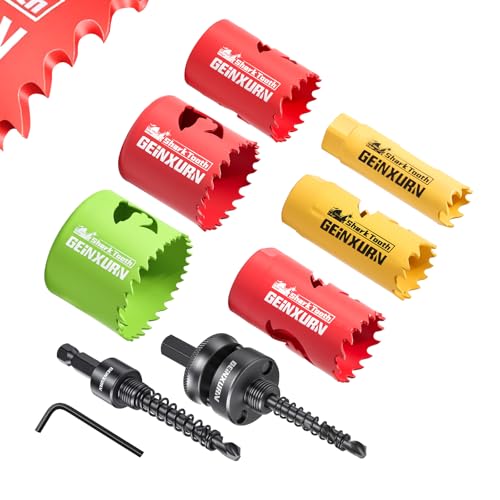 GEINXURN 9PCS Hole Saw Kit 5/8'' to 2-1/8'' (16mm-54mm) with Hole Saw Mandrel and Hex Wrench,HSS Bi-Metal Hole Cutter with Shark Tooth for Wood,Drywall, PVC Boards and Thin Metal - color: 9PCS 5/8“-2-1/8” Hole Saw Set with Mandrel