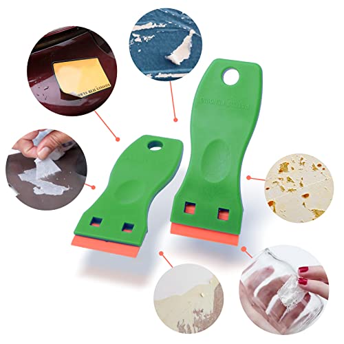FOSHIO 2PCS Green Plastic Razor Sticker Remover Paint Scrapers with Contoured Grip + 100 PCS 1.5 inch Refillable Double Edge Plastic Razor Blades for Cleaning Adhesive Vinyl Decals Stickers Labels - color: Green
