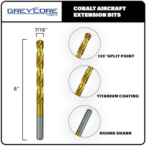 Greycore Tools 7/16 Inch x 6 Inch Cobalt Aircraft Extenions Bit - 2 Pack, Industrial Titanium Coating, Cobalt Drill Bits for Metal, Wood, Plastic - size: 7/16" x 6", style: 6" Length