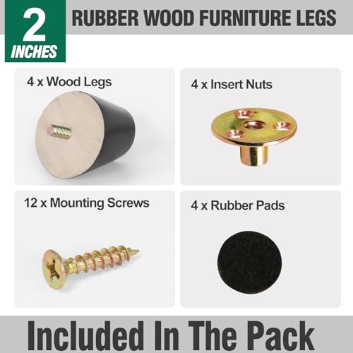 FoDau770 Rubber Wood Legs 2", Slant Taper, 5/16"-18 Thread, Black, 4pcs | Wood Couch legs - Mid Century Sofa Legs - Furniture legs Replacement for Cabinet Dresser Chair Ottoman - color: Black, size: 2 Inch - Slanted (80°)