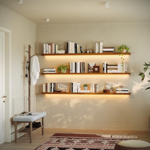 ROGMARS 60 Inches Long Walnut Floating Shelves with Led Light - color: Walnut, size: 60 Inch set of 3