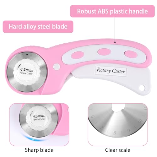 45mm Rotary Cutter for Fabric with 5 Extra Blades, Roller, with Safety Lock - color: Pink