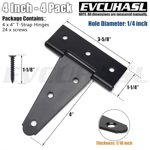 4 Inch T-Strap Gate Hinges, Shed Barn Door Hinges Heavy Duty, Black Tee Hinges for Wooden Fences, Yard Gate, Wrought Hardware Iron Rustproof (4 Pack/Set) - size: 4 Inch