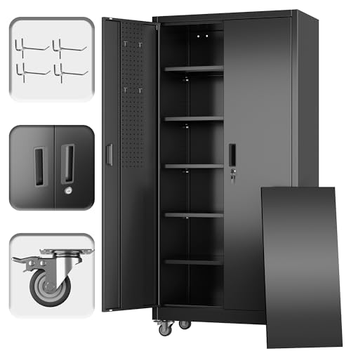 Aobabo Metal Garage Storage Cabinet with Wheels and Pegboard, Black - color: Black, size: 16"D x 32"W x 71"H-0 Drawers