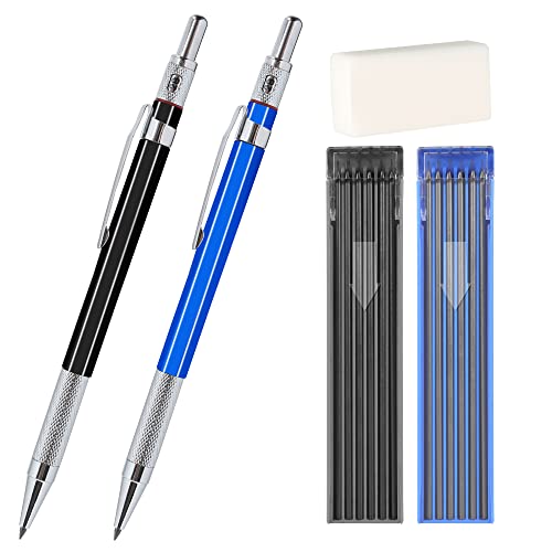 2mm Mechanical Pencil Set, 2 Pieces Artist Carpenter Drafting Pencils 2.0 mm with 2 Tube Lead Refill (HB, 2B), Art Lead Holder Metal Marker for Draft Drawing, Writing, Art Sketching