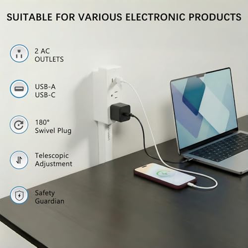 Electrical Outlet Extender Stick, Rotatable 180°,with USB-A,USB-C and 2AC, from 17.5'' - 27.5'', for Sofas, Bedside Tables, and Behind desks
