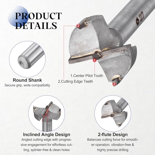 2pcs 27mm(1-1/16") Forstner Drill Bit Carbide Tipped 2 Flute - size: 27mm(1-1/16")
